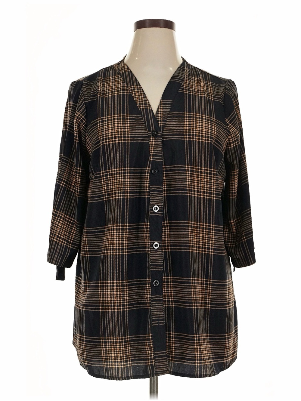 BloomChic Black and Tan Plaid Button-Down Blouse - 14/16